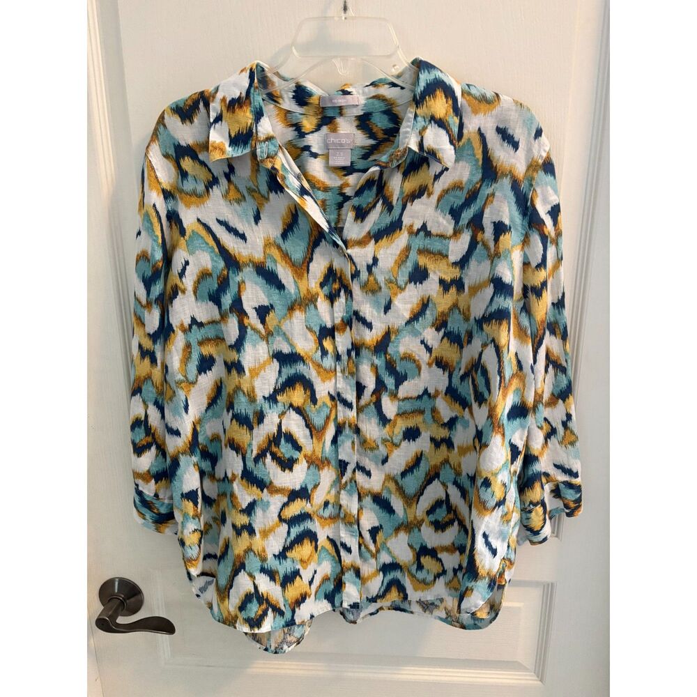 Chico's Blouse Multi Button Up 3/4 Sleeve 100% Linen No Iron Size 2.5/US 14